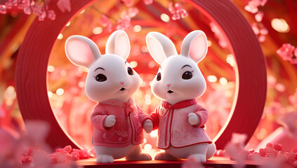 Obraz na płótnie Canvas Two cute white rabbits under Chinese cherry blossoms. Cartoon 3D illustration