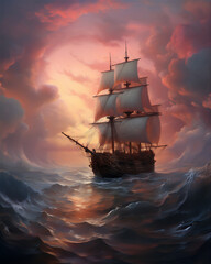 Fototapeta premium calm sea at tropical beach in sunset, a huge pirate sailing ship sailed above it, reflection, coconut trees, beautiful sky, hyper realistic, dramatic light and shadows