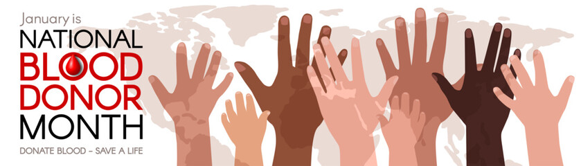 National Blood Donation Month long horizontal banner with diverse hands. Modern flat vector illustration