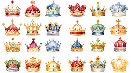 Set of crown icon with watercolor illustration