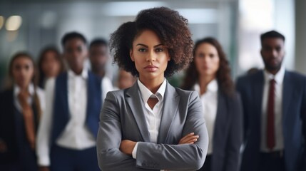 Fototapeta premium Smiling african American businesswoman standing in front of team of business people working in the office looking camera, executive manager female Afro hair wearing white suit hold notebook technology