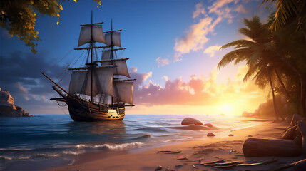 Fototapeta premium calm sea at tropical beach in sunset, a huge pirate sailing ship sailed above it, reflection, coconut trees, beautiful sky, hyper realistic, dramatic light and shadows