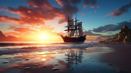 calm sea at tropical beach in sunset, a huge pirate sailing ship sailed above it, reflection,...