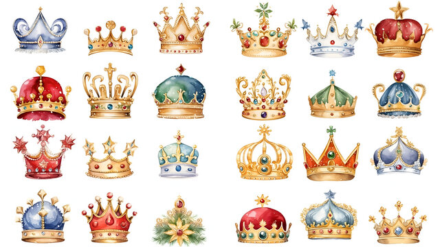 Watercolor Crown Icon Collection isolated in white background
