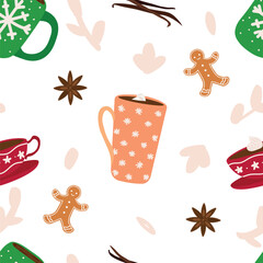 Seamless pattern with cups of hot chocolate, spices and cookies on white background