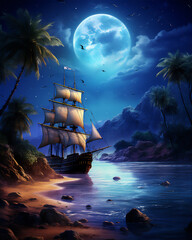 calm sea at tropical beach in the night with the moon and stars, a huge pirate sailing ship sailed above it, reflection,  coconut trees, beautiful sky, hyper realistic, dramatic light and shadows
