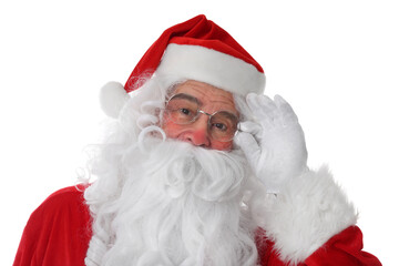 Man in Santa Claus costume posing on white background