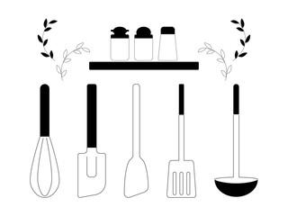 キッチンツールのシンプルモノクロイラスト
