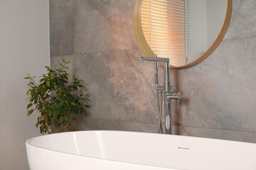 Spa day. Stylish bathroom interior with ceramic tub, mirror and green houseplant