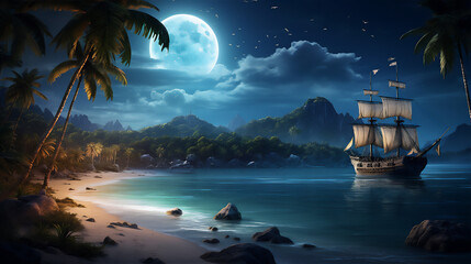 Obraz premium calm sea at tropical beach in the night with the moon and stars, a huge pirate sailing ship sailed above it, reflection, coconut trees, beautiful sky, hyper realistic, dramatic light and shadows