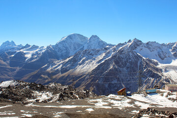 The volcanic soil around the mountains and the wooden houses and observatory