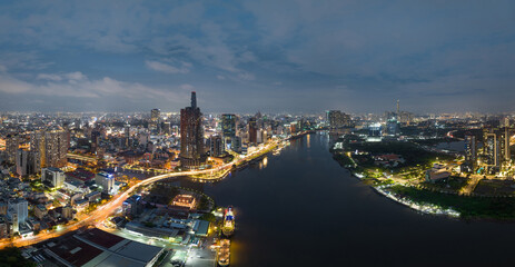 Fototapeta premium Aerial skyline view of Ho Chi Minh cityscape, Sai Gon cityscape at night