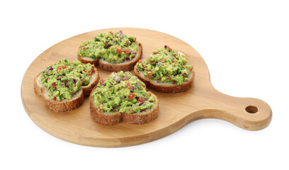 Slices of bread with tasty guacamole isolated on white