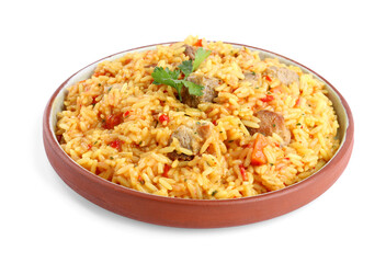 Delicious pilaf with meat isolated on white