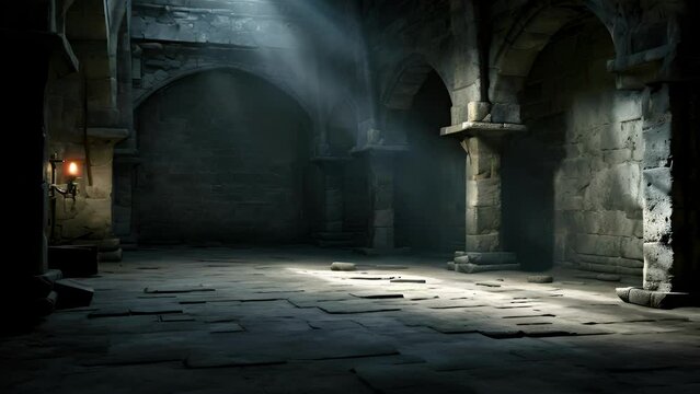 A moody scene of a dimly lit medieval dungeon, with a single ray of sunlight sneaking through a narrow slit window. The light casts eerie, elongated shadows on the cold, stone floor, emphasizing