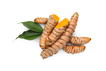 Fresh turmeric roots and green leaves isolated on white, top view
