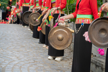 Gongs - traditional Vietnam musical instruments, at a outdoor festival