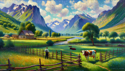 A lush valley with a farmer, cows, and a wooden fence, flanked by mountains and a river, in a vibrant, textured style.