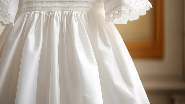 Closeup of a white baptismal gown dd over the edge of the font, waiting to be worn by the one about to receive the sacrament of baptism.