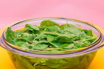 Fresh Baby Spinach Leaves in the Water in Glass Bowl on Yellow Background. Vegan and Vegetarian Culture. Raw Food, Green Leaves. Healthy Diet