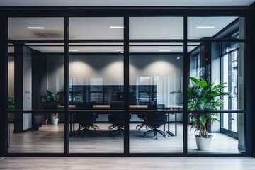 Glass door with black Aluminium frame in office building used as a wall background - obrazy, fototapety, plakaty