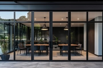 Glass door with black Aluminium frame in office building used as a wall background