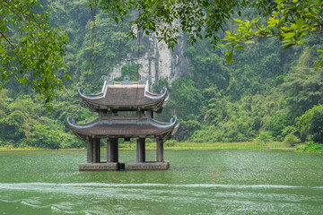 Aerial view of Trang An landscape with temples at Ninh Binh, Vietnam.
