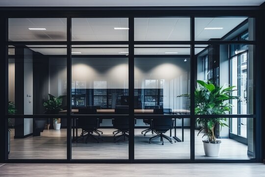 Glass door with black Aluminium frame in office building used as a wall background