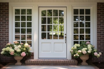 Front door with square decorative windows and flower pots