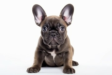 French Bulldog puppy sitting curiously isolated on white