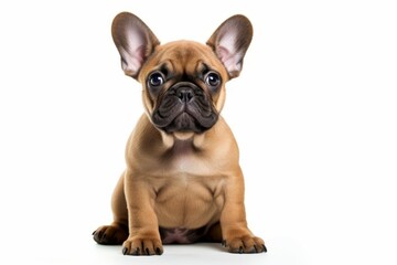 French Bulldog puppy sitting curiously isolated on white