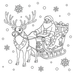 Santa Claus sled and reindeer coloring page or book. Christmas snowflake background. Vector illustration.