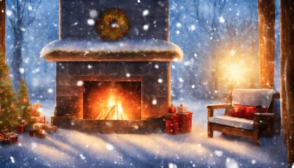 A cozy winter scene with snowfall, twinkling lights, and a warmly lit fireplace, symbolizing the comfort and warmth of the New Year season.