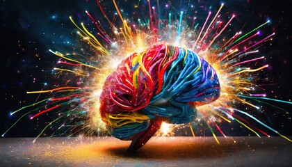 A conceptual depiction of a human brain composed of brightly-colored ribbons and fibers, emitting sparks of creativity and inspiration, reminiscent of fireworks.