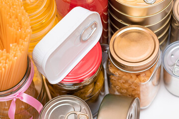 Food Reserves: Canned Food, Spaghetti, Pate, Tuna, Tomato Juice, Pasta, Fish and Grocery. Emergency Food Storage in Case of Crisis. Strategic Food Supplies