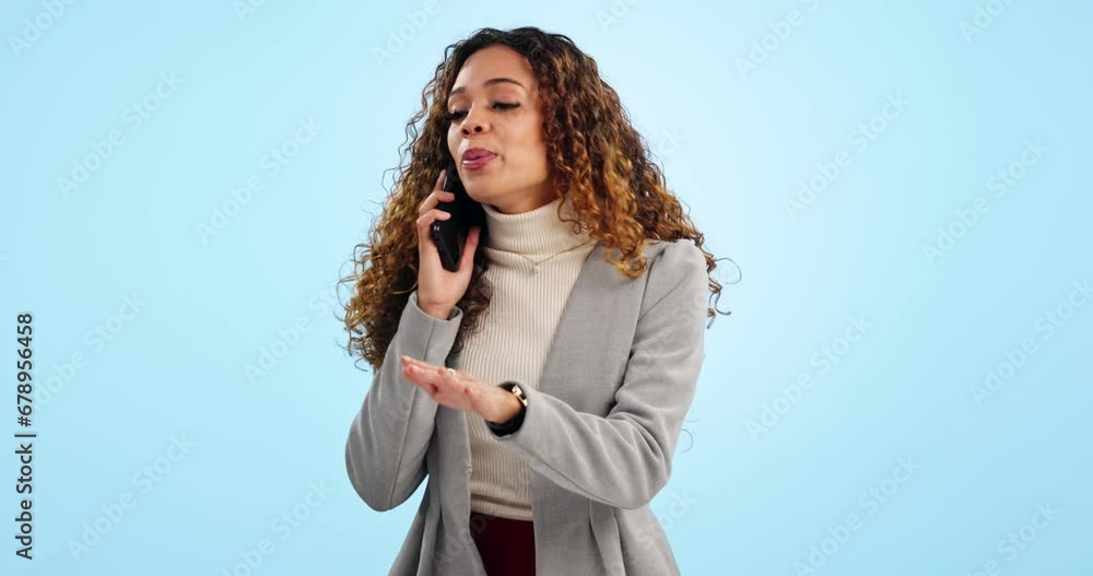 Poster phone call, problem and a business woman arguing on a blue background in studio for a solution. mobi