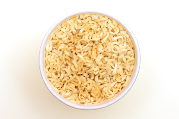Instant Noodles in Disposable Cup on White Background - Top View. Asian Fast Food. Quick Lunch
