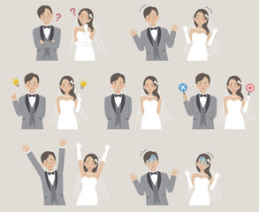 結婚式イラスト、上半身の新郎新婦、表情バリエーションセット
