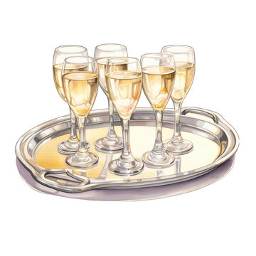 Champagne bottle and glasses on a serving plate, for a celebration, isolated transparent background