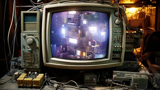 A simple grey CRT with a cracked and weathered plastic frame and an old analog tuner attached to the back with a single wire. The center of the front of the television