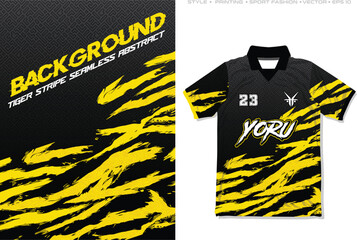 sublimation jersey shirt design tiger stripe yellow black modern pattern sports and casual wear brush vector style, soccer, football, cycling, running, basketball, volleyball, baseball