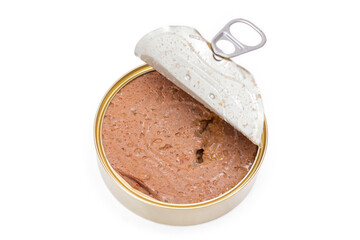 Opened Tin Can with Chicken Liver Pate Isolated on White Background. Open Canned Pate - Isolation