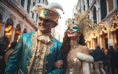 Gordijnen Mardi Gras poster. Happy couple in carnival costumes on crowded European street during parade. Venetian masquerade party outfit with feathers. Face art. AI Generative © your_inspiration