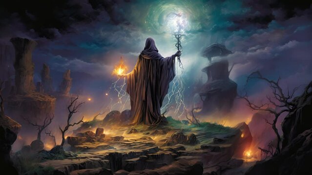 A mystic figure stands atop a rocky cliff gathering ancient and powerful artifacts as well as mysterious herbs and arcane incantations into a single vessel of communion harnessing the