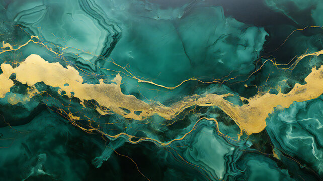 Nature marble pattern. Abstract green texture, background. Green paint with the addition of gold powder. © Oleksandra