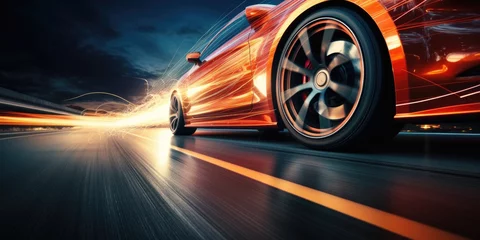 Foto op Canvas Car wheels close up, Sports car racing on the race track. Generative AI © Natee Meepian