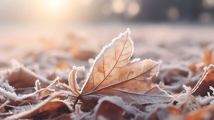 Close up of a brown autumn leaf with frost 