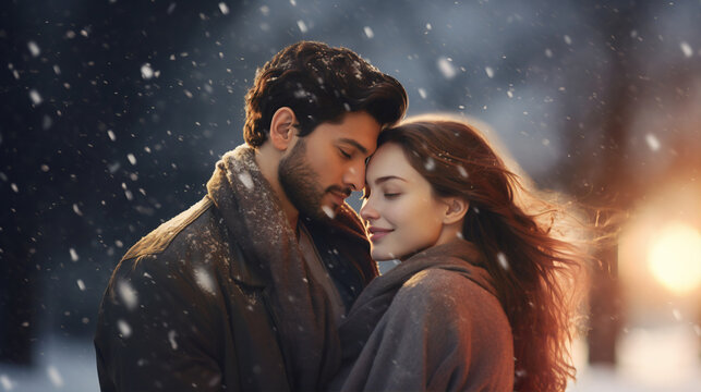 Portrait of a young couple enjoying in wintertime on romantic snowfall background