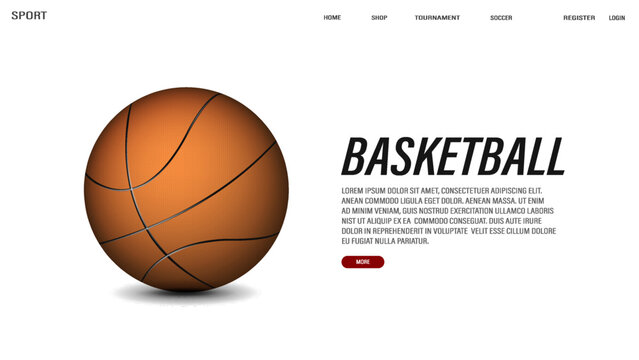 Web banner with 3d realistic basketball on a white background.