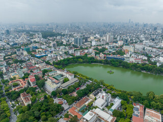 Aerial skyline view of Hoan Kiem lake ( Sword, Ho Guom lake), in center of Hanoi, Vietnam